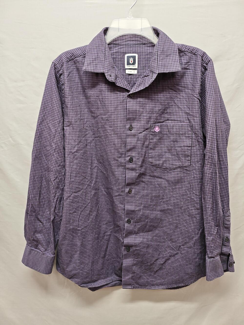 Tony Chris Shirt Mens Large Purple Check Slim Fit Button Front Long Sleeve